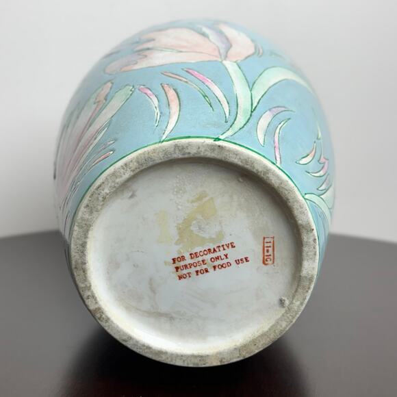 J837 - Light Blue Porcelain Vase With pink Flowers - 10in Tall - Picture 3 of 11